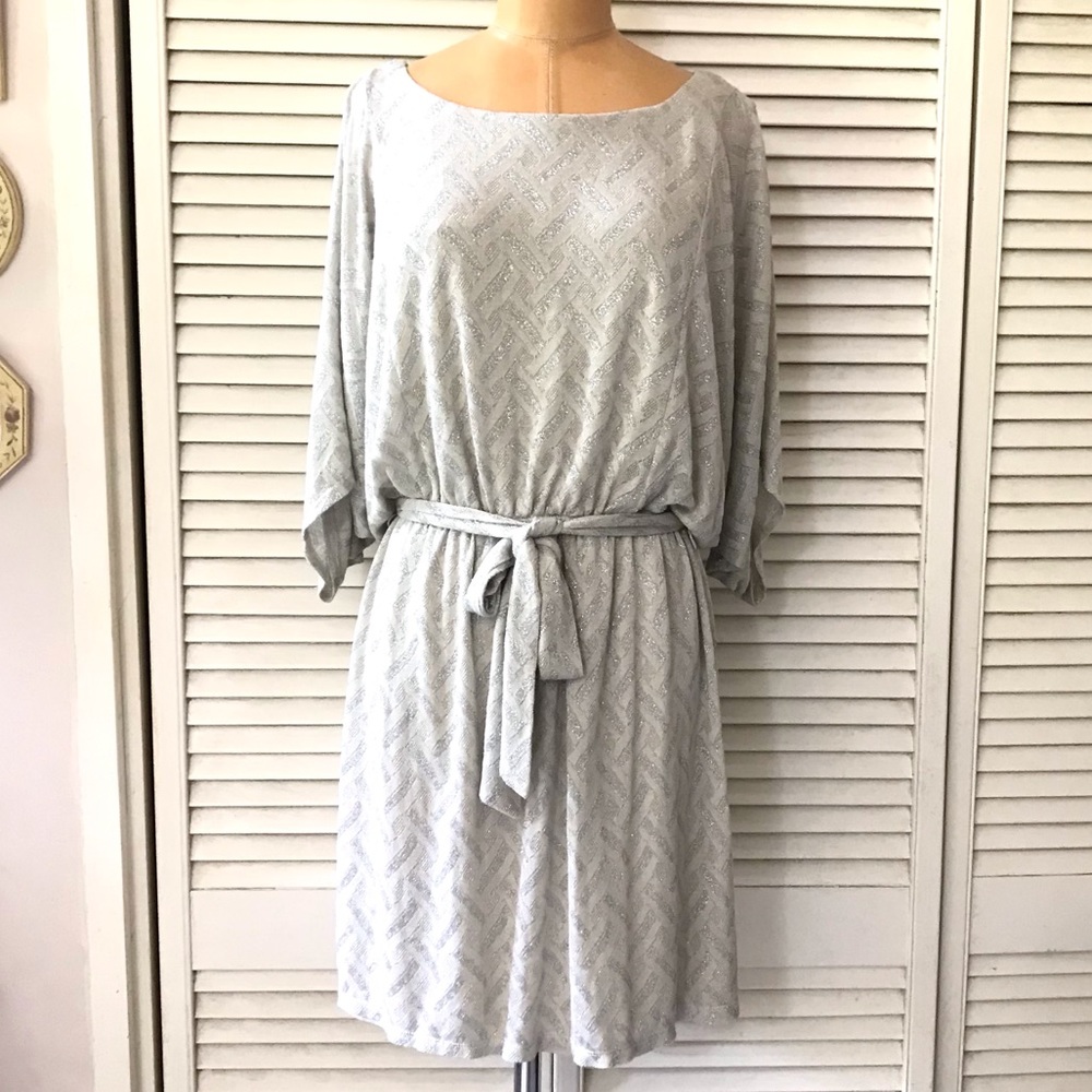 Signature by Robbie Bee Womens Dress Small Cream Metallic Dolman Boat Neck Belt